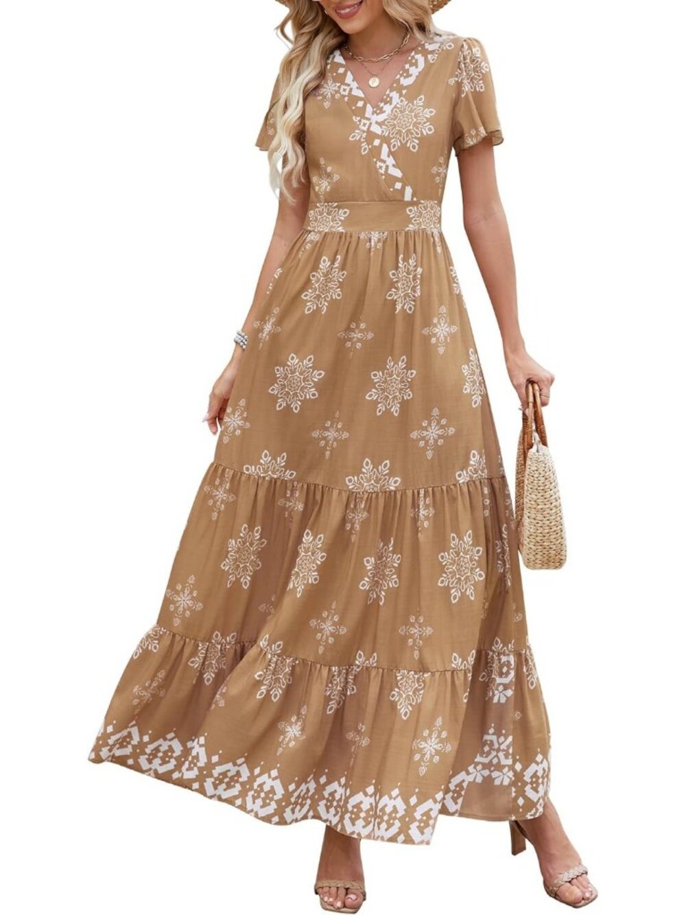 Women's Floral Khaki White Boho Maxi V Neck Bell Sleeve Flowy Dress W/Pockets